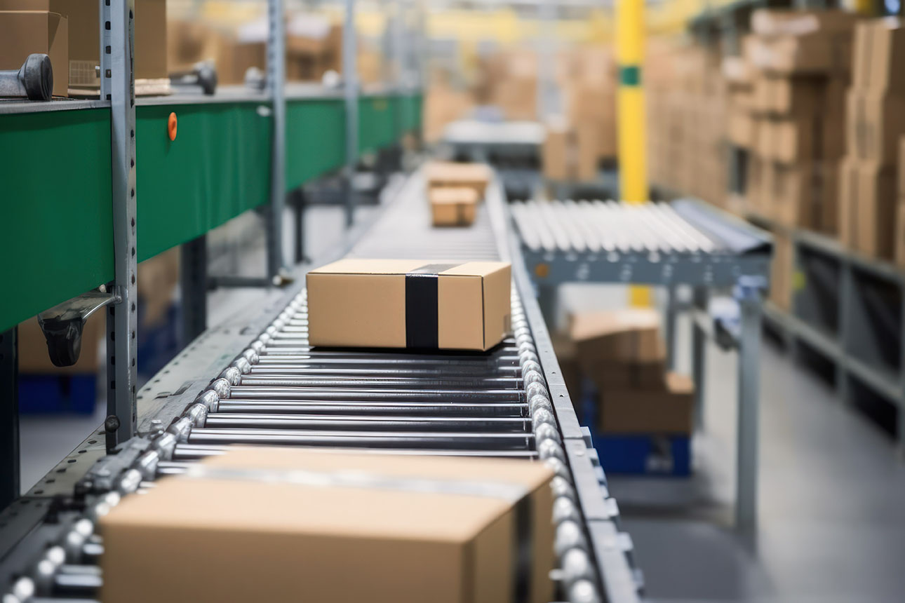 Closeup of multiple cardboard box packages seamlessly moving alo